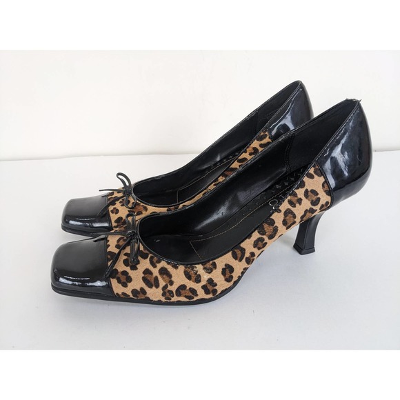 Franco Sarto Leopard Cheetah Print Calf Hair Square Cap Toe Bow Y2K Heels Sz 8 - Picture 1 of 6